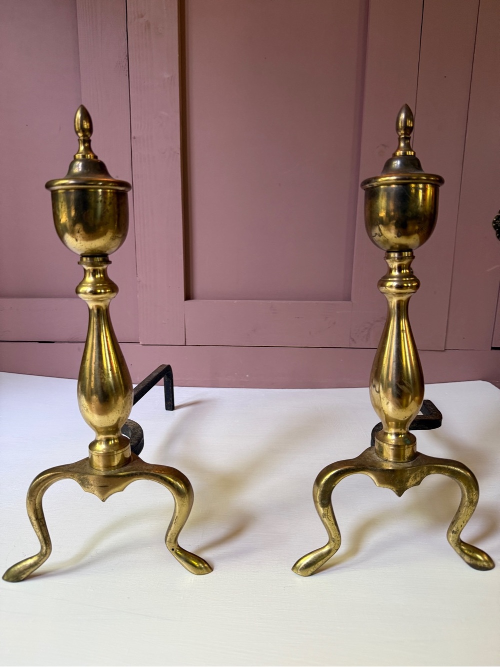 Vintage Brass & Cast Iron Fireplace Andirons Federal Style